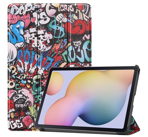 Tok álló, bőr hatású (aktív FLIP, oldalra nyíló, TRIFOLD asztali tartó funkció, graffiti minta) SZÍNES [Samsung Galaxy Tab S8 LTE ...