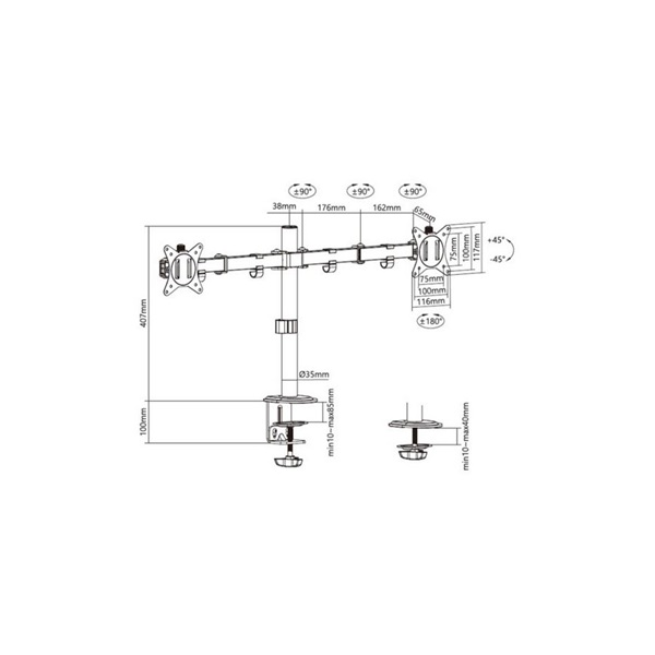 Equip Monitor Asztali konzol - 650157 (13"-27", 2 monitor, dönthető, forgatható, állítható magasság, Max.:2x9kg, fekete)