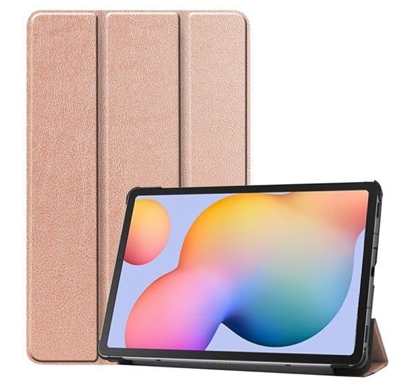 Tok álló, bőr hatású (FLIP, oldalra nyíló, TRIFOLD asztali tartó funkció) ROZÉARANY [Samsung Galaxy Tab S6 Lite 10.4 LTE (SM-P619) 2022]