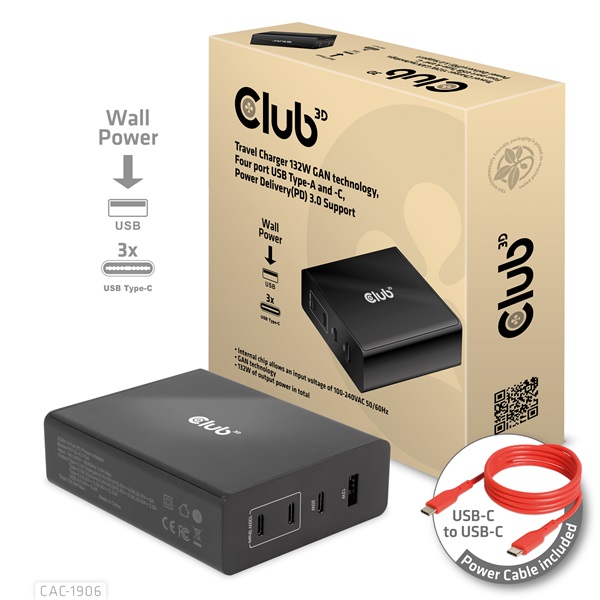Club 3D  CAC-1906  132W GaN  2x USB-A  2x USB-C  PD3.0, 4 csatlakozó Hálózati Töltő 