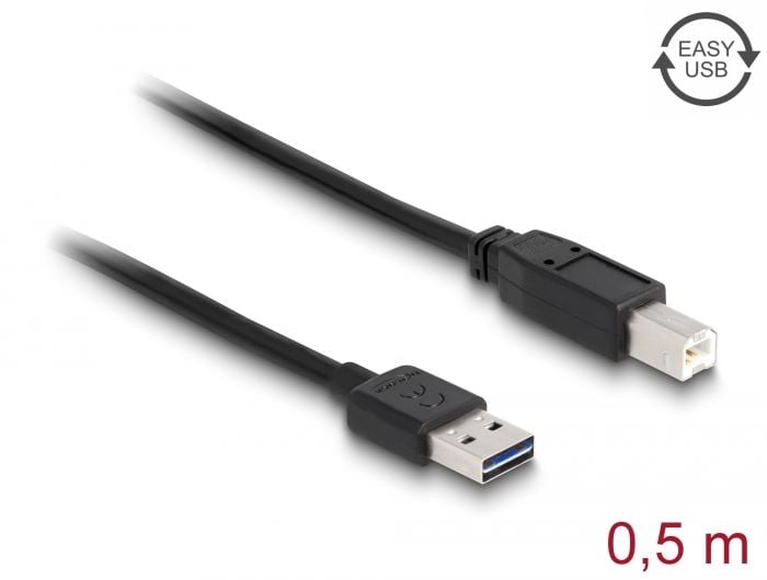 Delock EASY-USB 2.0 Type-A apa > USB 2.0 Type-B apa kábel 0,5m fekete (83684)