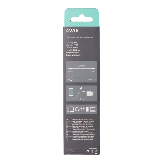  AVAX CB123W PURE USB A-Type C kábel 2.1A  2m fehér 