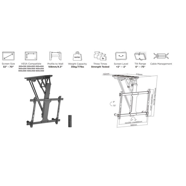 Equip  650321  32"-70"  motoros dönthető  Max.: 35kg TV Mennyezeti konzol Fekete 