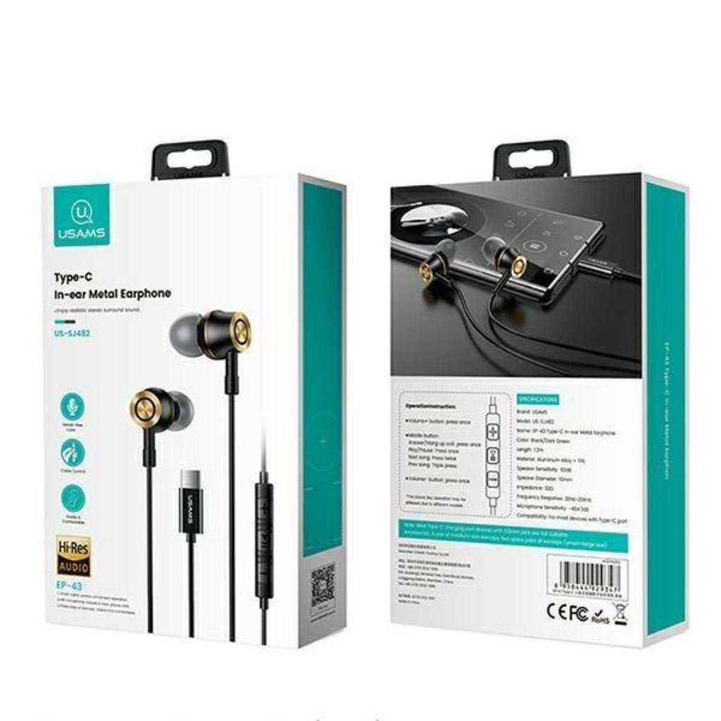 USAMS HSEP4301 USB-C mikrofonos fülhallgató fekete USAMS HSEP4301 USB-C mikrofonos fülhallgató fekete
