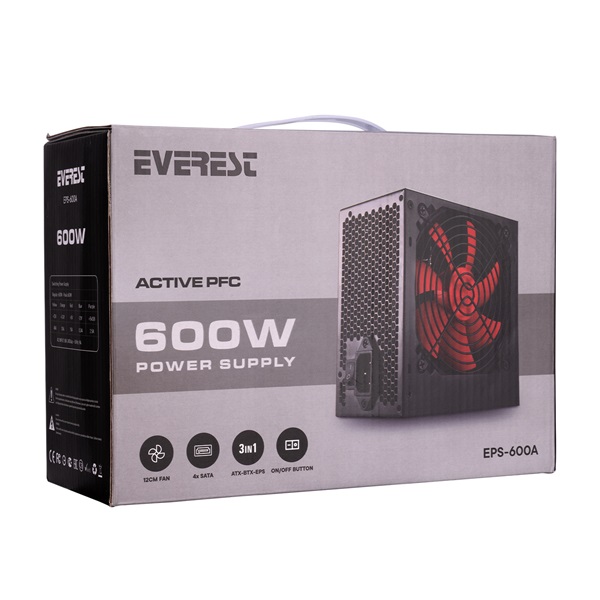 Everest 600W EPS-600A 12cm ventilátor Aktív PFC Tápegység Everest 600W EPS-600A 12cm ventilátor Aktív PFC Tápegység