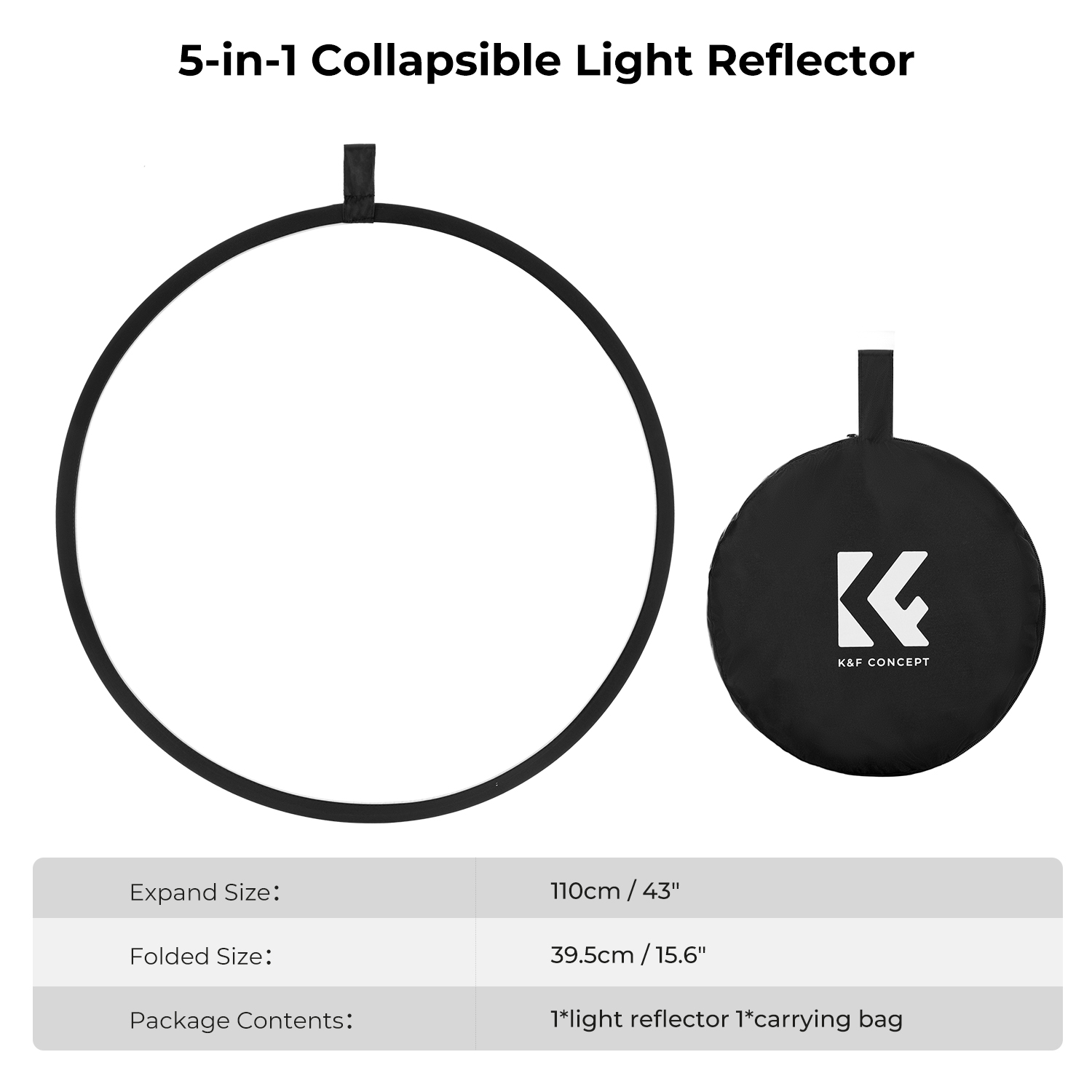 K&F Concept 5in1 derítőlap, reflektor, 110cm (fehér, fekete, arany, ezüst, transparens) + hordtáska