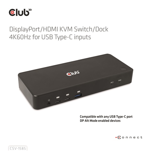 Club3D CSV-1585 DisplayPort/HDMI KVM  Dokkoló Fekete
