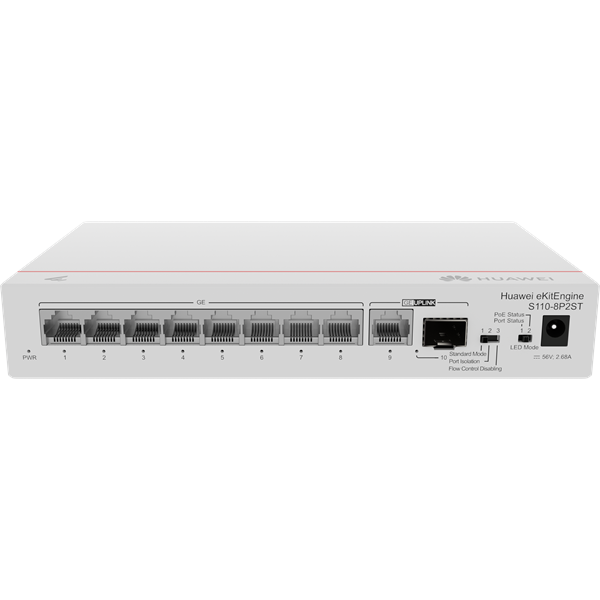 Huawei eKit Switch 8x1000Mbps (POE+) + 1x1GbE + 1x1GE (SFP), Nem menedzselhető, Asztali, S110-8P2ST Huawei eKit Switch 8x1000Mbps (POE+) + 1x1GbE + 1x1GE (SFP), Nem menedzselhető, Asztali, S110-8P2ST