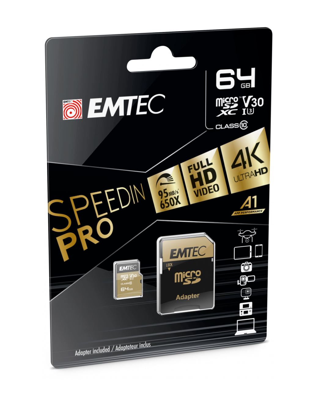 64GB microSDXC Emtec SpeedIN Pro USH-I U3 A1 A2 + adapter (ECMSDM64GXC10SP)