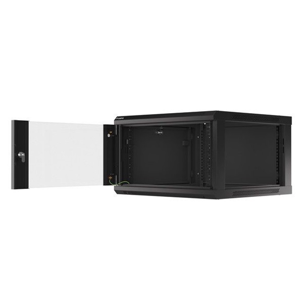Lanberg WF01-6606-10B 19" 6U SZÉL:600 MÉLY:600 MAG:379 lapraszerelt üvegajtós fekete fali rack szekrény
