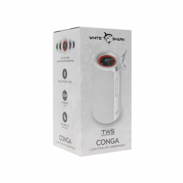 White Shark CONGA Bluetooth Hangszóró, 10 W, BT 5.0, Fehér White Shark CONGA Bluetooth Hangszóró, 10 W, BT 5.0, Fehér