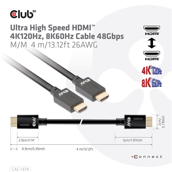 Club3D Ultra High Speed HDMI 4K120Hz, 8K60Hz Cable 48Gbps M/M 4 m  26AWG kábel