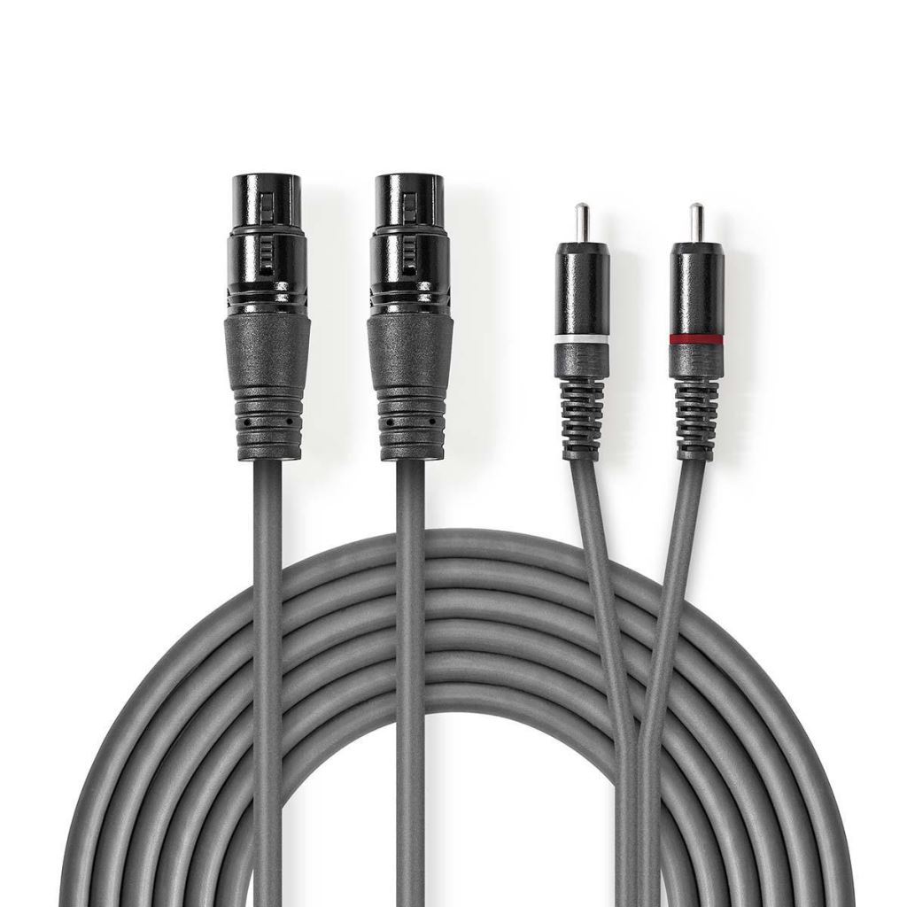 Nedis XLR 3-Pin Aljzat x2, RCA Dugasz x2, PVC, nikkelezett, szimmetrikus audió kábel, 1.5m, sötét szürke (COTH15230GY15)