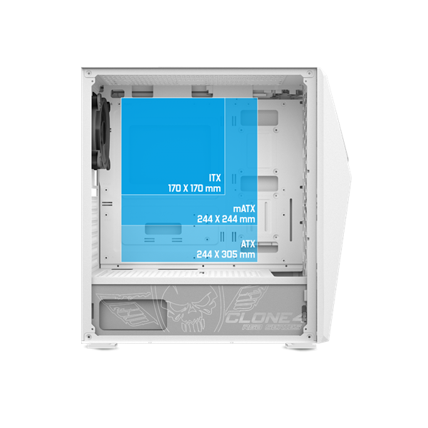 Spirit of Gamer Számítógépház - CLONE 4 White (fekete, ablakos, 8x12cm ventilátor, alsó táp,  ATX, 1xUSB3.0, 2xUSB2.0)