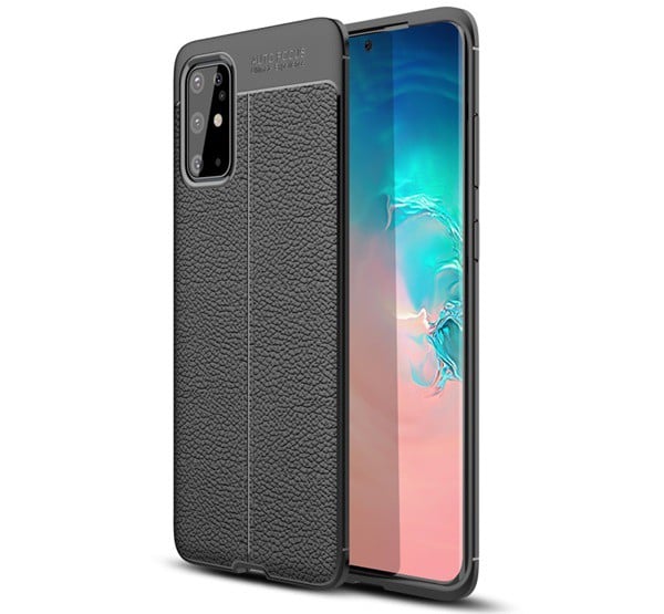 Szilikon telefonvédő (közepesen ütésálló, bőr hatású, varrás minta) FEKETE [Samsung Galaxy S20 Plus 5G (SM-G986)]