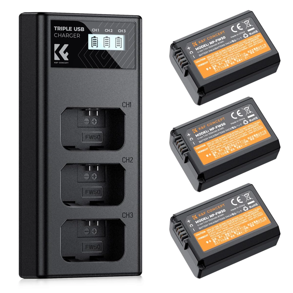 K&F Concept BC-TRW töltő  LCD + 3db FW50 akkumulátor 1100mAh hordozható tripla USB-C akkumulátor