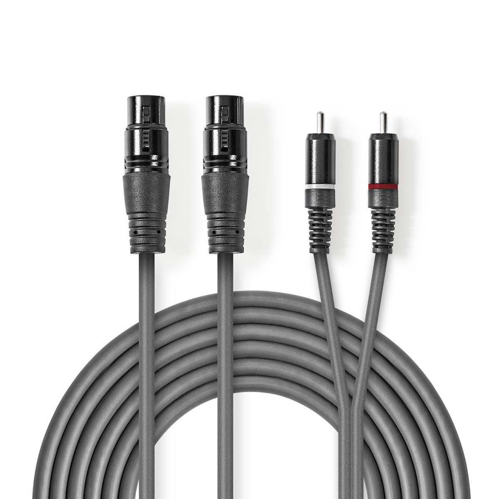 Nedis XLR 3-Pin Aljzat x2, RCA Dugasz x2, PVC, nikkelezett, szimmetrikus audió kábel, 3m, sötét  szürke (COTH15230GY30)