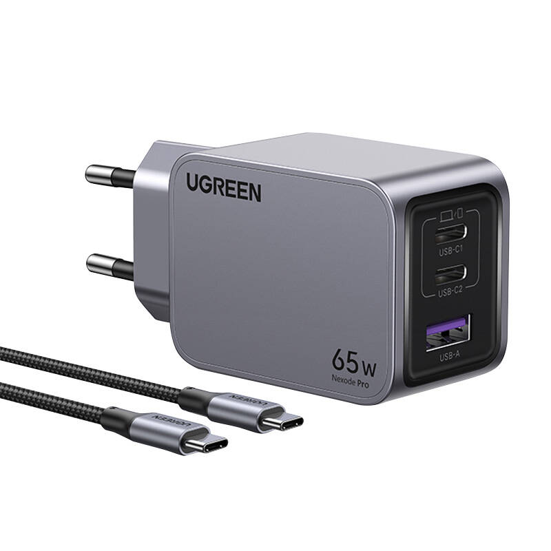 Wall charger Ugreen Nexode Pro, USB + 2x USB-C, 65W + USB-C cable 1.5m (black) Wall charger Ugreen Nexode Pro, USB + 2x USB-C, 65W + USB-C cable 1.5m (black)