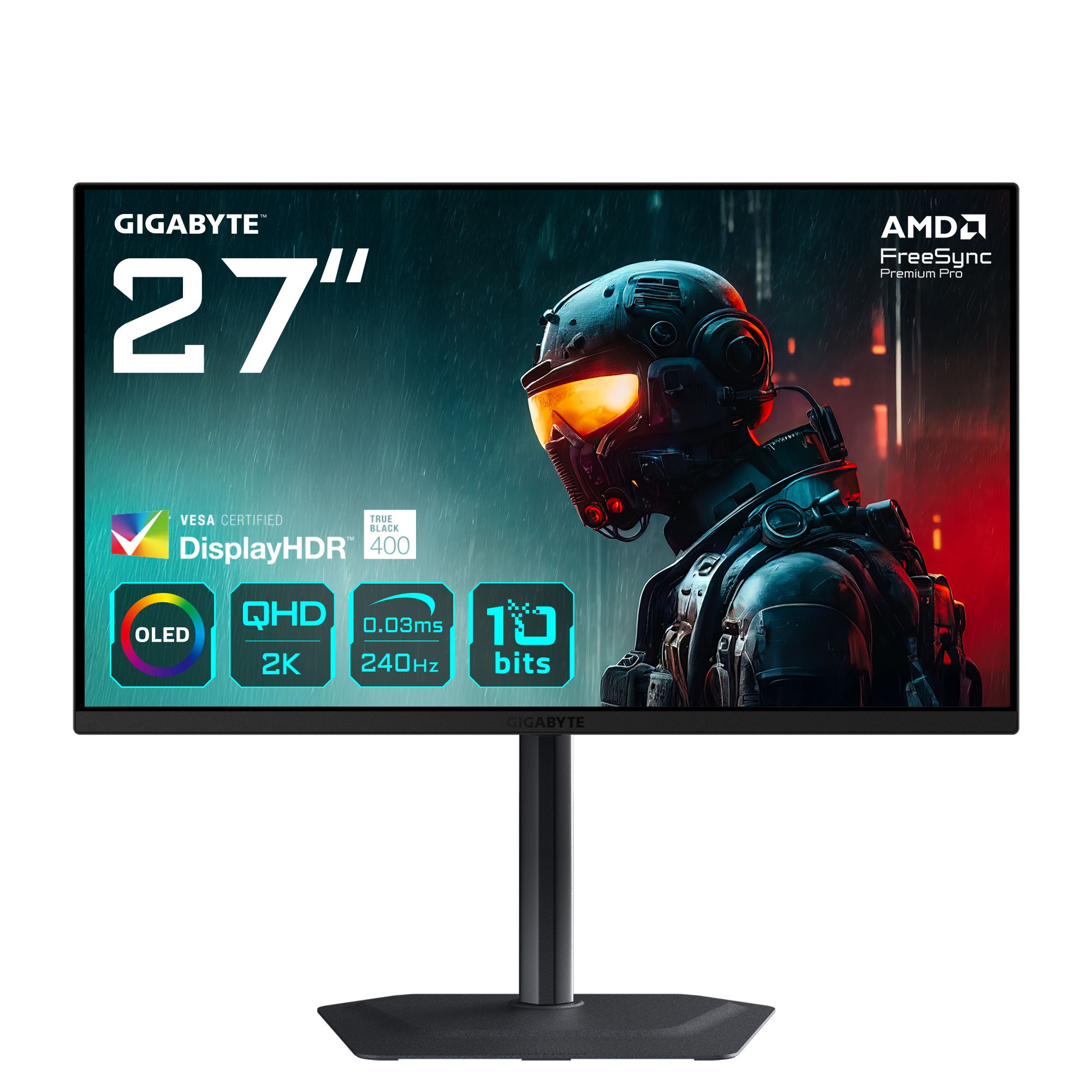 GIGABYTE  27" MO27Q2 Monitor - 2560x1440, QHD, OLED, 240Hz, 0,03ms, Hangszóró, FreeSync, Pivot, Gamer, Fekete