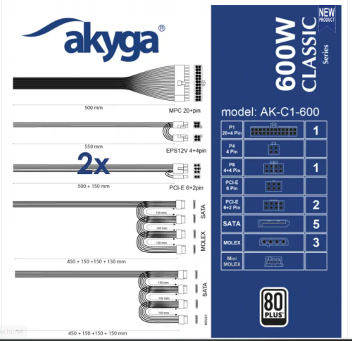 Akyga AK-C1-600 ATX Sorozat Számítógép tápegység 