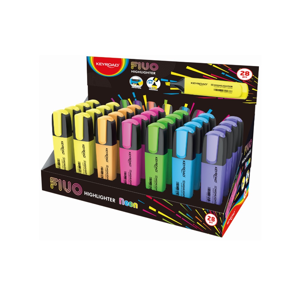 Keyroad Szövegkiemelő vágott hegyű, lapos test, 28 db/display,  Fluo neon színek (KR972171)