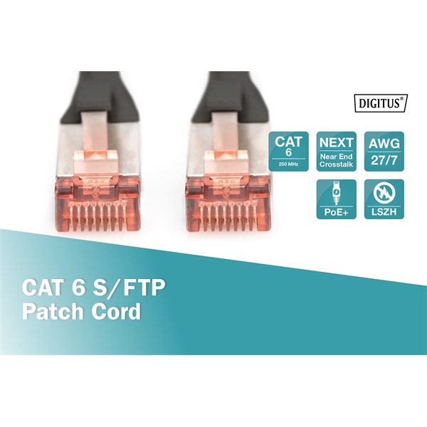 RJ45 Hálózat Csatlakozókábel CAT 6 S/FTP 1.00 m Fekete Halogénmentes, sodort érpár, Védővel, Lángálló Digitus RJ45 Hálózat Csatlakozókábel CAT 6 S/FTP 1.00 m Fekete Halogénmentes, sodort érpár, Védővel, Lángálló Digitus