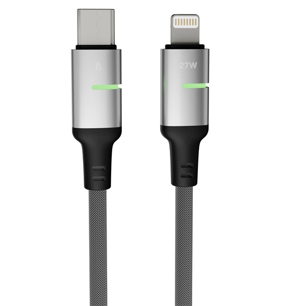 AVAX CB635 STEELY LED 1m 27W USB-C - Lightning fekete fonott gyorstöltő kábel