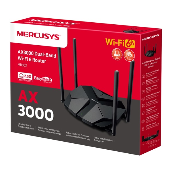 MERCUSYS MR85X Dual Band AX3000 1xWAN(2500Mbps) + 3xLAN(1000Mbps)  Wireless Router