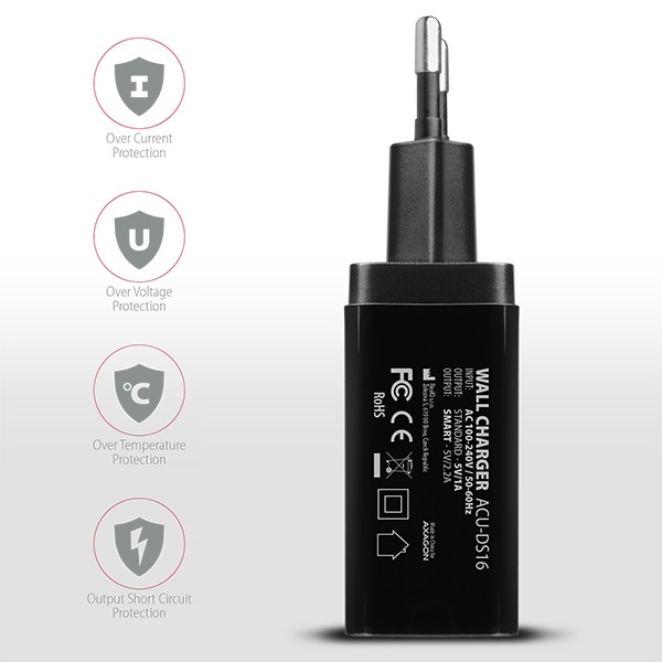 Axagon ACU-DS16 2.2A + 1A hálózati töltő fekete