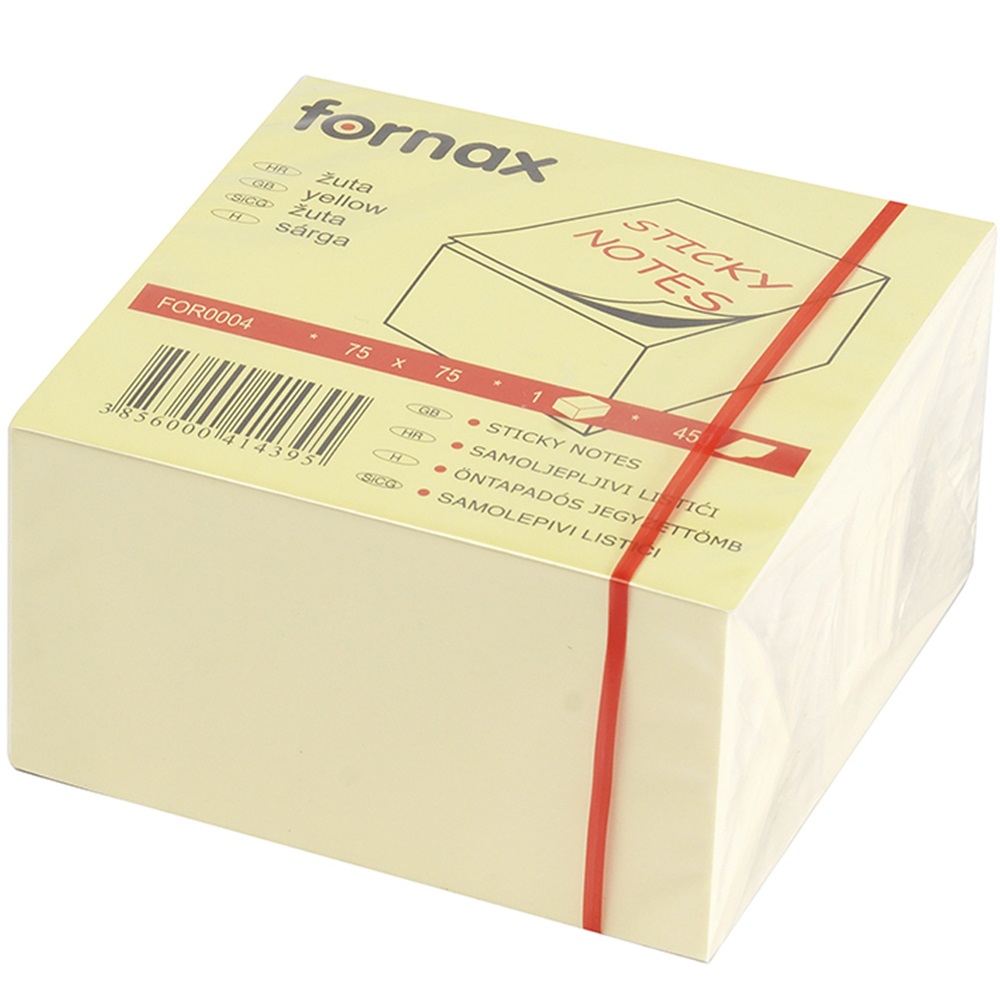 Fornax Jegyzettömb öntapadó, 75x75mm, 450lap,  sárga (A-FOR0004)