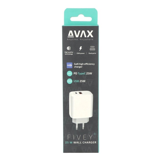  AVAX CH631W FIVEY+ USB A + Type C 25W GaN gyors hálózati töltő  fehér