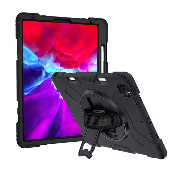 Defender műanyag telefonvédő (közepesen ütésálló, kitámasztó, 360°-ban forgatható, Apple Pencil tartó + kézpánt) FEKETE [Apple IPAD ...