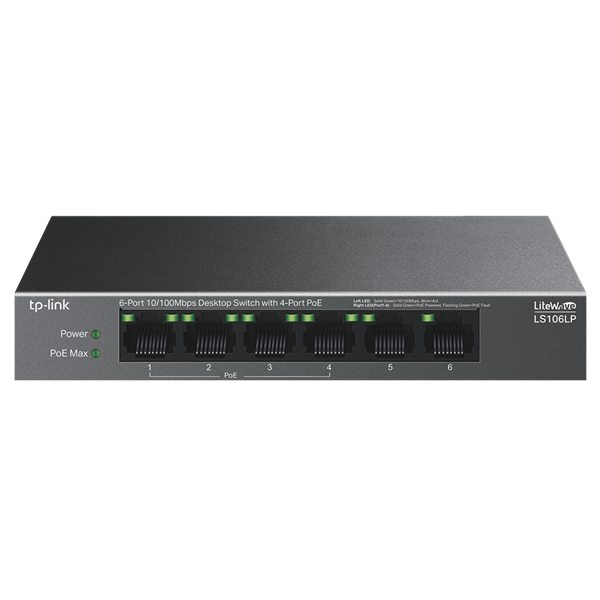 TP-LINK Switch 6x100Mbps (4xPOE) Fémházas Asztali, LS106LP
