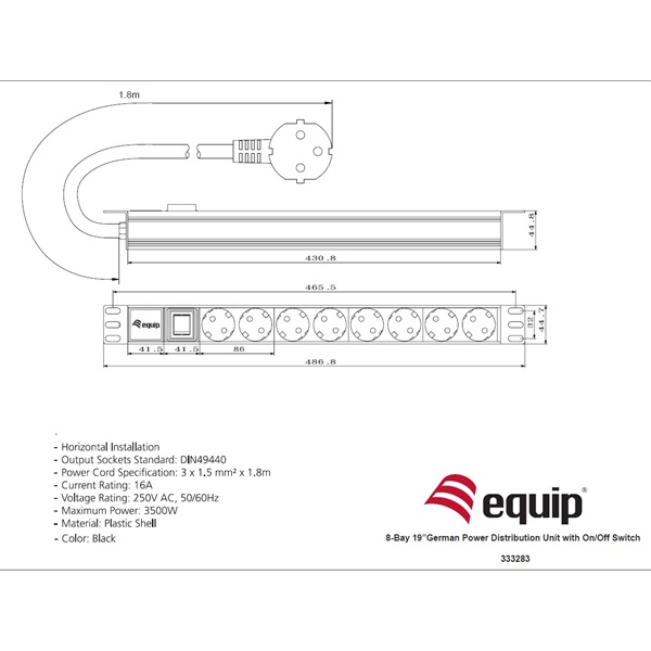 Equip 333282 C14 9 Schuko Rack 1U 1,8m kábel Hálózati Elosztó fekete Equip 333282 C14 9 Schuko Rack 1U 1,8m kábel Hálózati Elosztó fekete