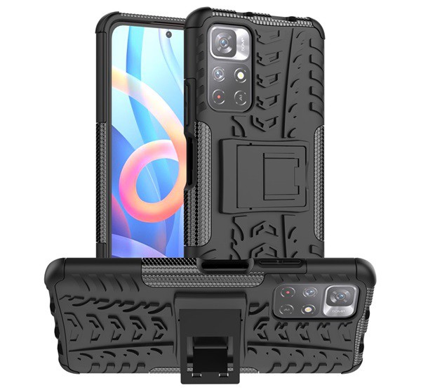 Defender műanyag telefonvédő (közepesen ütésálló, szilikon belső, kitámasztó, autógumi minta) FEKETE [Xiaomi Poco M4 Pro 5G]