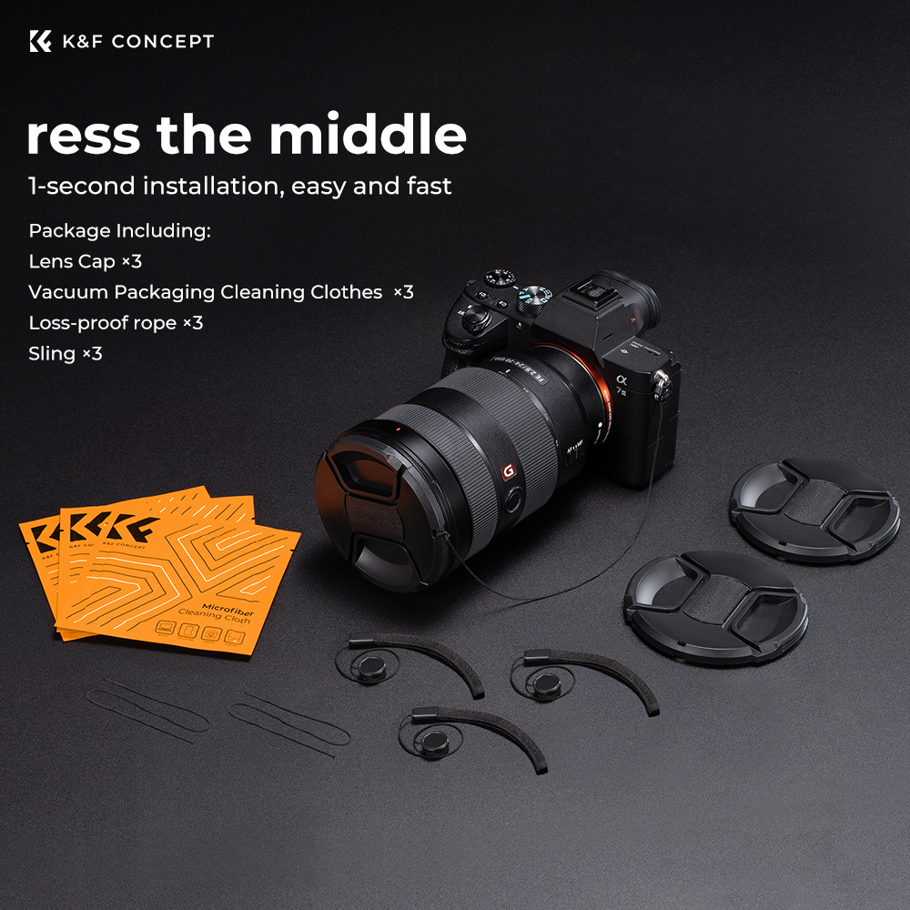 K&F Concept 3db objektívvédő sapka zsinórral + 3db törlőkendő, 62mm