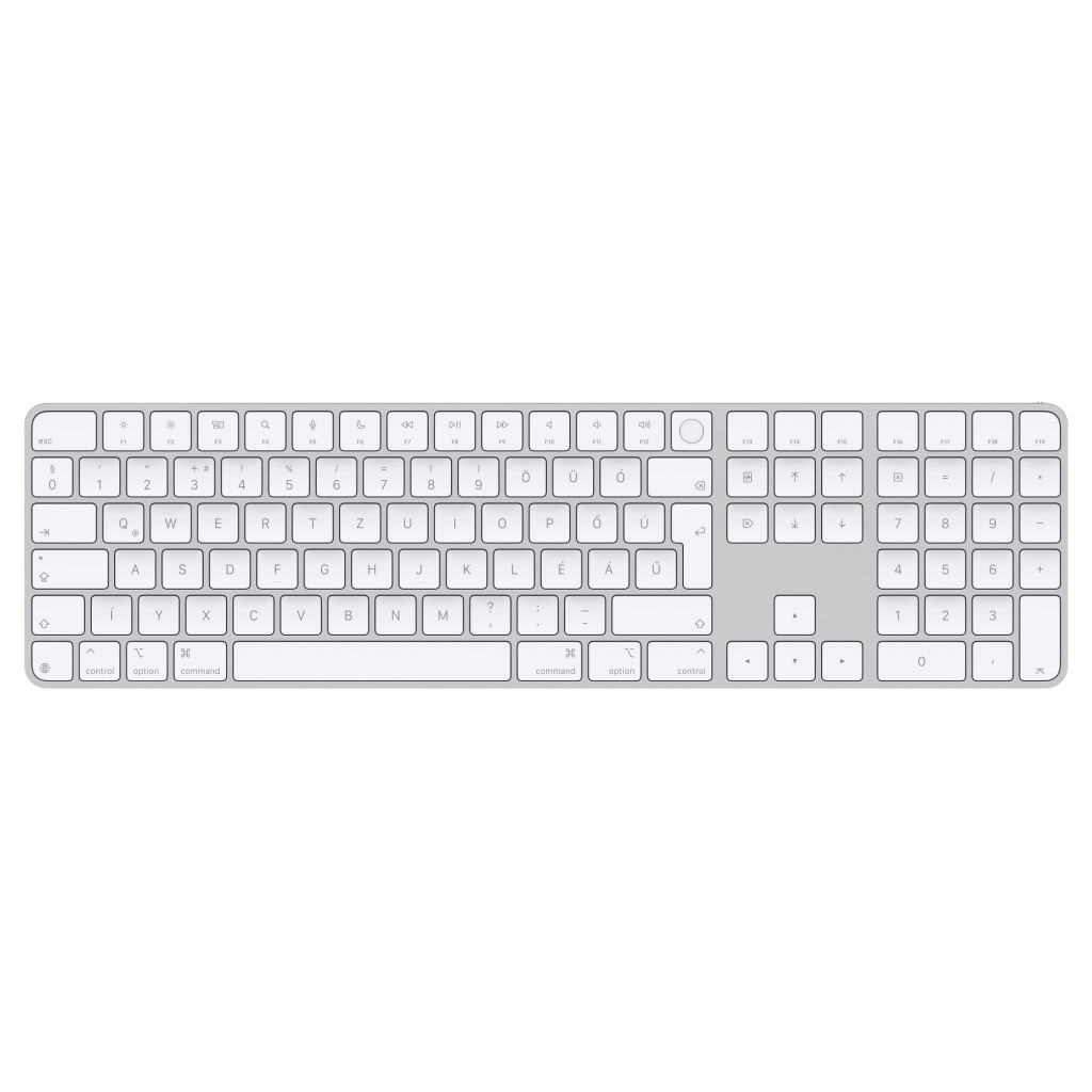 Apple Magic Keyboard Touch ID-val és számbillentyűzettel Apple chipes Mac-modellekhez (USB-C) – magyar, fehér billentyűk (MXK73MG/A)