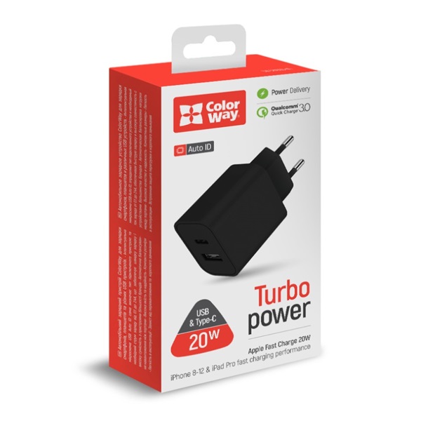 COLORWAY USB töltő adapter (Type-C PD + USB QC3.0) (20W) V2 Fekete