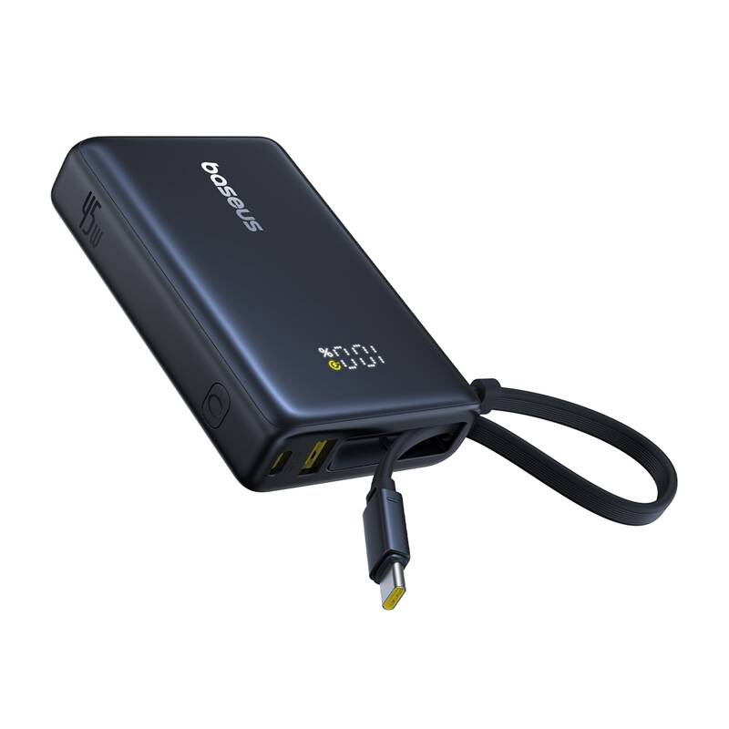 Baseus PicoGo gyorstöltő powerbank 10000 mAh, 45W, beépített USB Type-C kábel, fekete