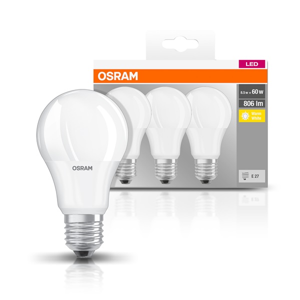 LED izzó, E27, 9W=60W, melegfehér, körte formájú, OSRAM, 3 db-os készlet