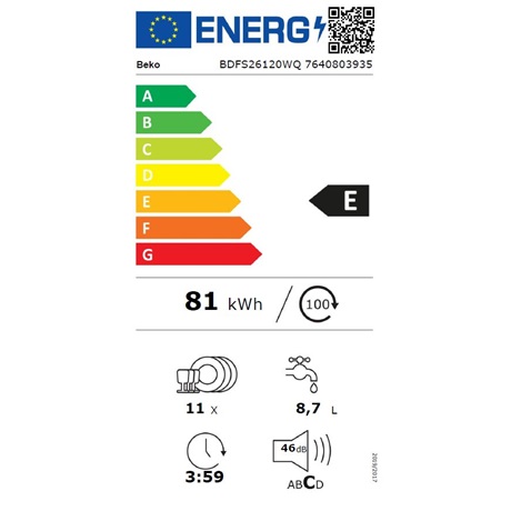 Beko BDFS26120WQ  Keskeny  11 terítékes mosogatógép