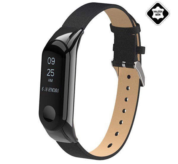 Pótszíj (valódi bőr, állítható, 15 mm, speciális) FEKETE [Xiaomi MI Band 4]