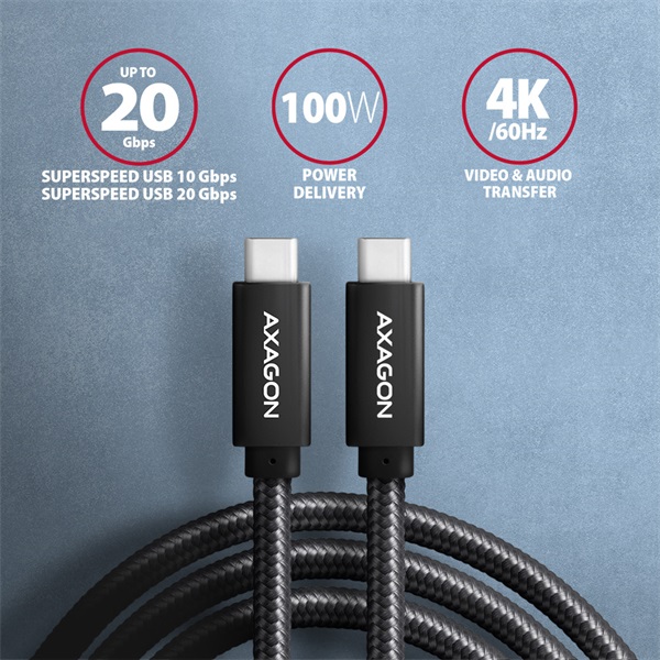 Axagon BUCM32-CM20AB Speed+ USB-C - USB-C adat- és töltőkábel 2m fekete