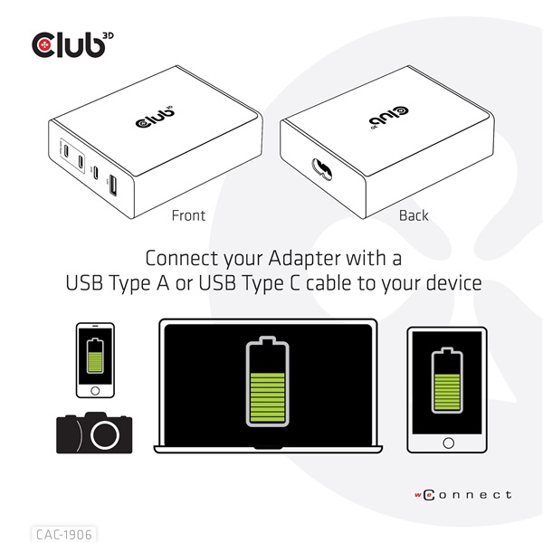 Club 3D  CAC-1906  132W GaN  2x USB-A  2x USB-C  PD3.0, 4 csatlakozó Hálózati Töltő 
