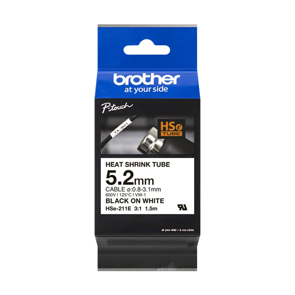 Brother HSE-211E Heat Shrink Tube Tape Cassette 5,2mm Black on White Brother HSE-211E Heat Shrink Tube Tape Cassette 5,2mm Black on White