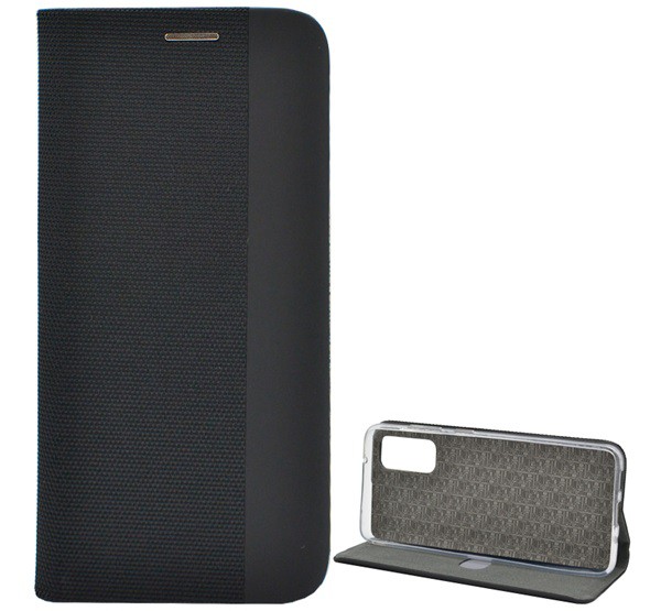Tok álló, bőr hatású (FLIP, oldalra nyíló, asztali tartó funkció, textil minta) FEKETE [Samsung Galaxy S20 5G (SM-G981U)]