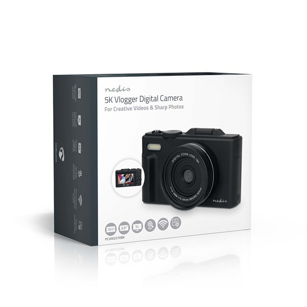 Nedis PCAM2570BK vlogger digitális fényképezőgép / kamera, kihajtható képernyő, 75 MPixel, 5K@15fps, 16 MPixeles CMOS