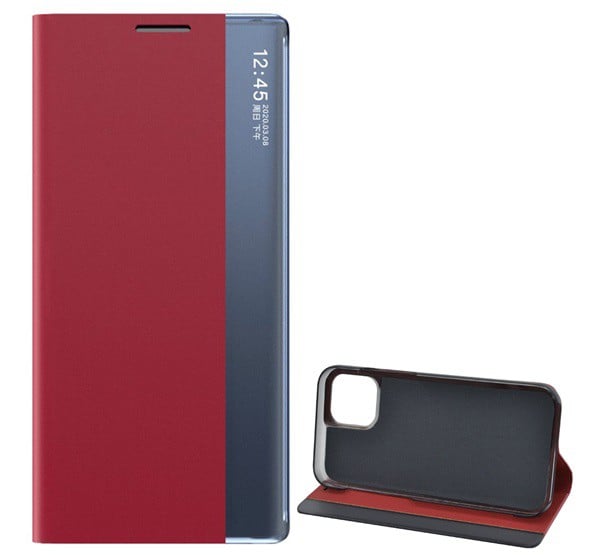 Tok álló, textil hatású (aktív FLIP, oldalra nyíló, asztali tartó funkció, Smart View Cover) PIROS [Apple iPhone 12 Pro Max]
