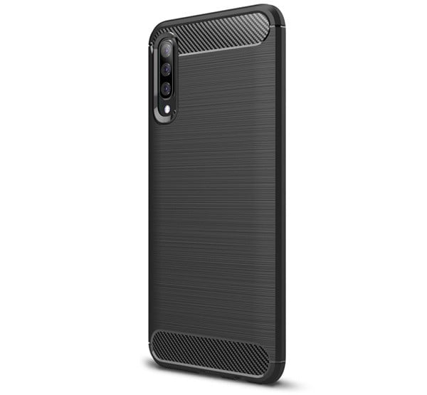 Szilikon telefonvédő (közepesen ütésálló, légpárnás sarok, szálcsiszolt, karbon minta) FEKETE [Samsung Galaxy A50s (SM-A507F)]