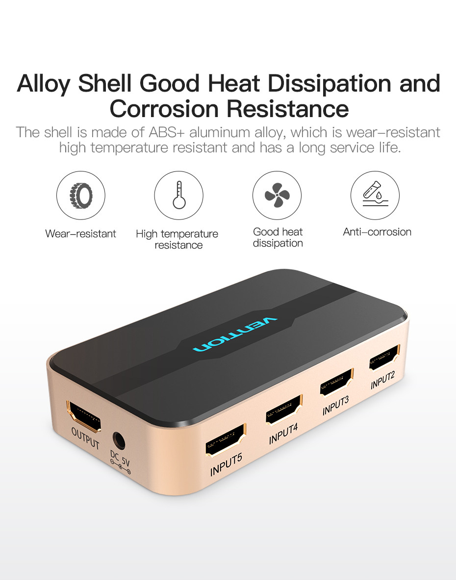 Vention HDMI  5be-1ki switcher Fekete-arany